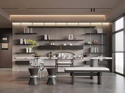 Modern Tea Room Interior With Floating Shelves Tea Sets And Minimalist Furniture 3d model