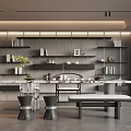 Modern Tea Room Interior With Floating Shelves Tea Sets And Minimalist Furniture