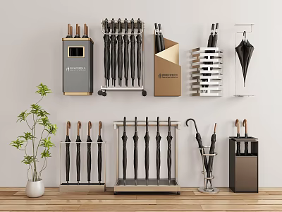 Various Modern Umbrella Stands With Black Umbrellas And Display Racks 3d model