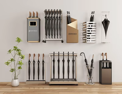 Various Modern Umbrella Stands With Black Umbrellas And Display Racks 3d model