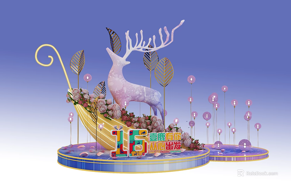 Magical Photo Check-in Spot With Deer Statue Flowers Leaves And 15th Anniversary Decor 3d model 