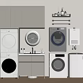 Modern Laundry Room With Various Washing Machine Models And Storage Cabinets 3d model