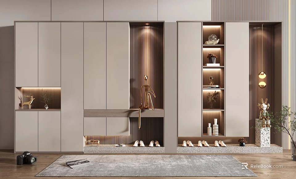 Modern Light Gray Shoe Cabinet with Wooden Stripes LED Lighting and Decorative Storage Shelves 3d model 