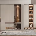 Modern Light Gray Shoe Cabinet with Wooden Stripes LED Lighting and Decorative Storage Shelves