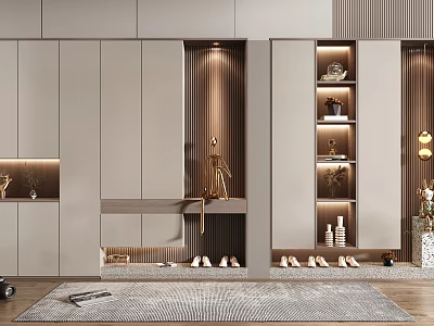Modern Light Gray Shoe Cabinet with Wooden Stripes LED Lighting and Decorative Storage Shelves 3d model