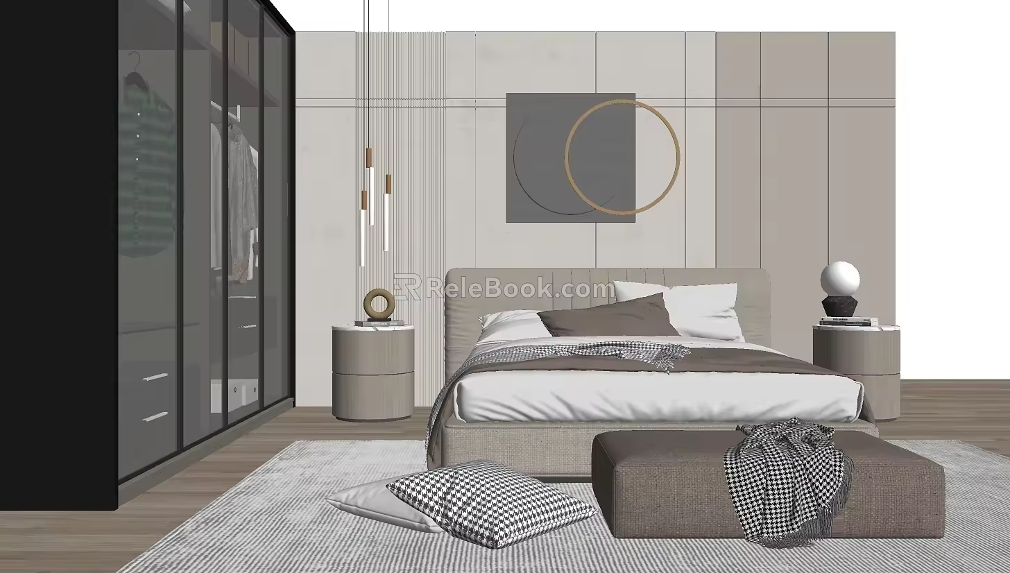 Modern Background Double Bed Double Bedside Lamp 3d model