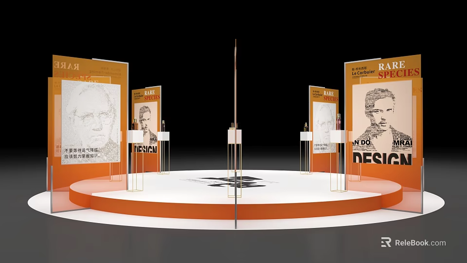 Modern Event Display Wall With Creative Posters And Orange Design Elements 3d model 