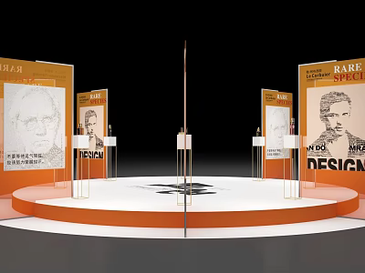 Modern Event Display Wall With Creative Posters And Orange Design Elements 3d model