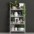 Elegant Decorative Items Set On Shelf With Green Plants Ceramic Vases And Sculptures