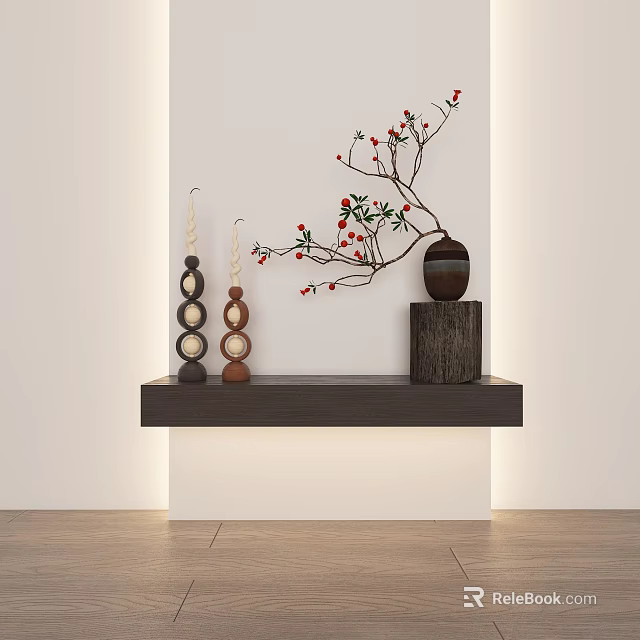 Decorative Ornament Arrangement With Stacked Round Feather Decor And Red Berry Branch On Wooden Shelf 3d model 