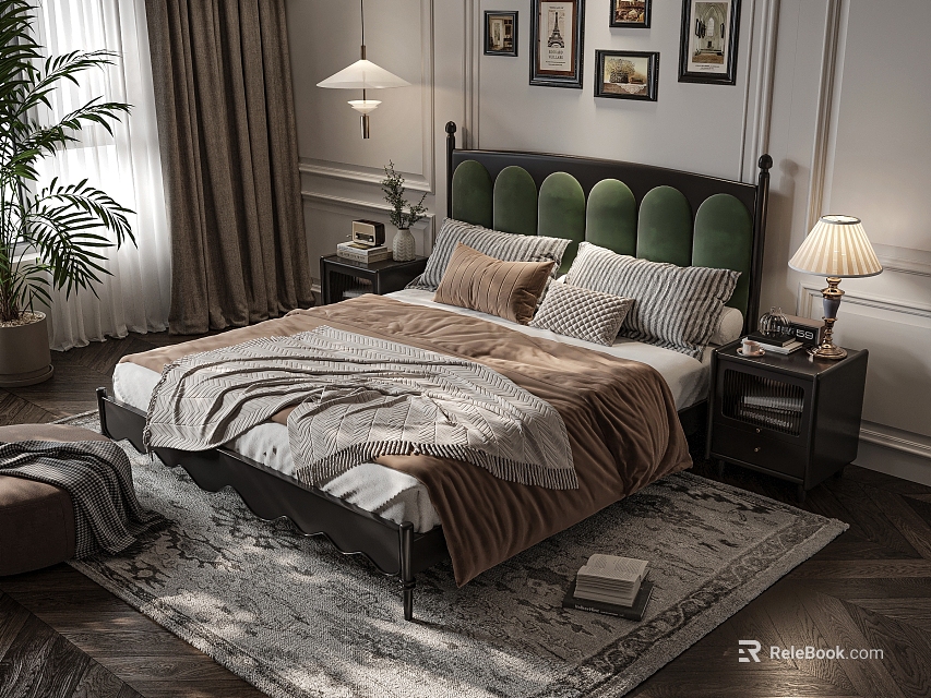 Cozy Double Bed with Green Headboard Blanket Pillows Bedside Tables Lamps and Area Rug 3d model 