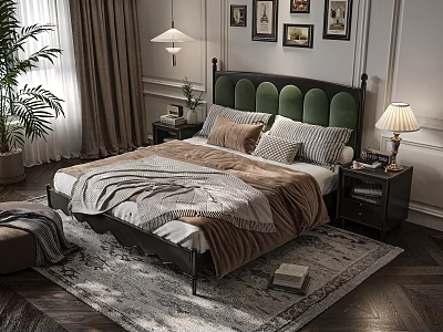 Cozy Double Bed with Green Headboard Blanket Pillows Bedside Tables Lamps and Area Rug 3d model