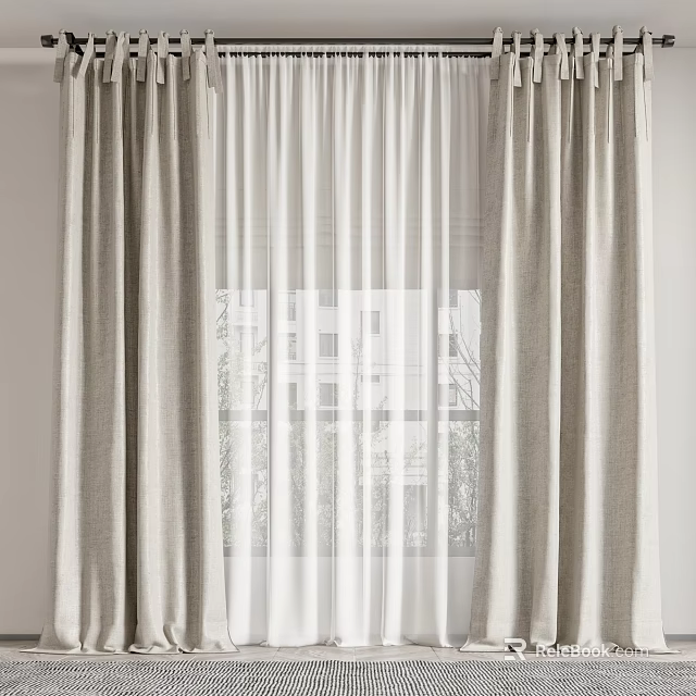 Double Layer Window Curtains in Beige Gray with White Sheer Inner 3d model 
