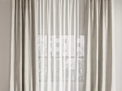 Double Layer Window Curtains in Beige Gray with White Sheer Inner 3d model