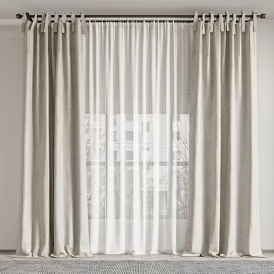 Double Layer Window Curtains in Beige Gray with White Sheer Inner 3d model