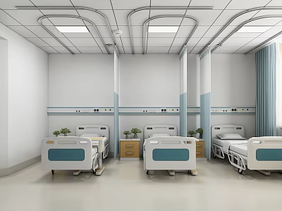 Modern Hospital Ward Interior Featuring Three Beds White Walls Blue Curtains And Green Plants 3d model