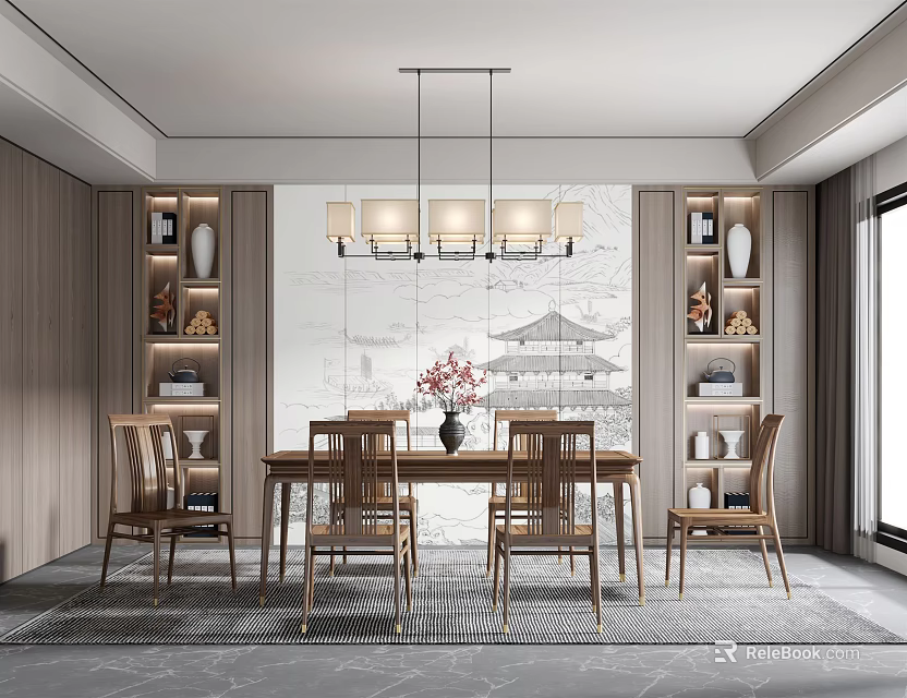 Modern Restaurant Interior With Open Kitchen Dining Table Wooden Chairs And Pendant Lights 3d model 