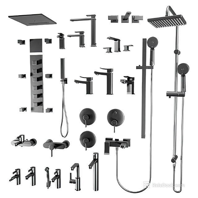 Modern Bathroom Faucets Collection With Shower Systems Handheld Showers Control Knobs And Hardware 3d model 