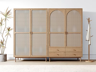 Modern Wooden Wardrobe With Rattan Panel Doors And Bottom Drawers Design 3d model