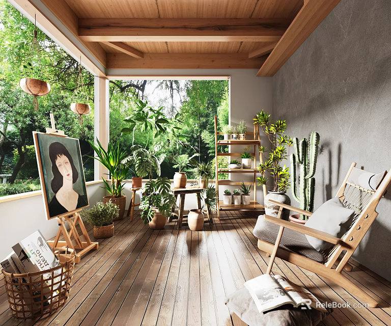 Cozy Villa Balcony With Wooden Flooring Ceiling Lush Greenery Armchair And Painting 3d model 