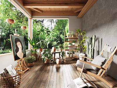 Cozy Villa Balcony With Wooden Flooring Ceiling Lush Greenery Armchair And Painting 3d model