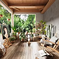Cozy Villa Balcony With Wooden Flooring Ceiling Lush Greenery Armchair And Painting