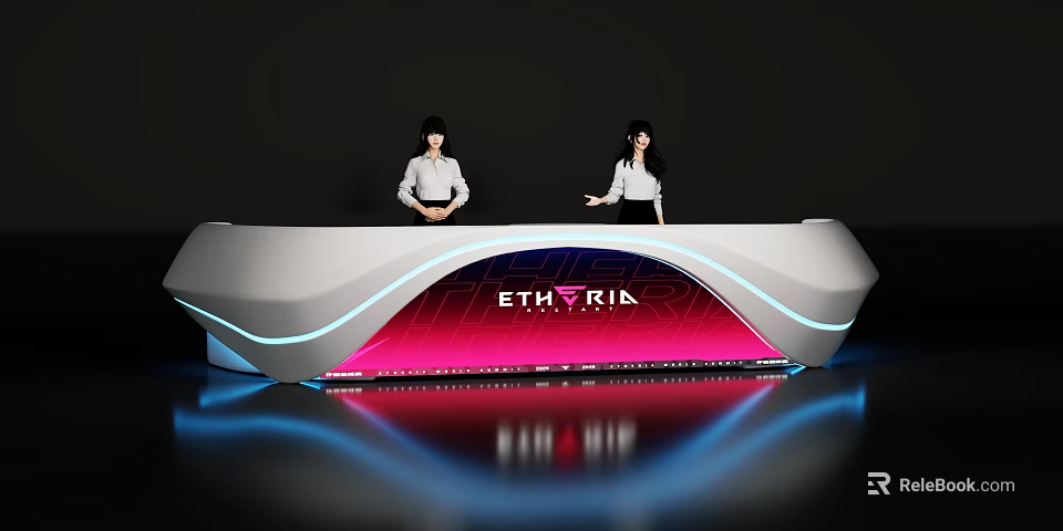 Modern Reception Desk With Blue LED Lights Pink Purple ETHYRIA Display And Two Staff 3d model 
