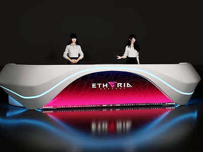 Modern Reception Desk With Blue LED Lights Pink Purple ETHYRIA Display And Two Staff 3d model