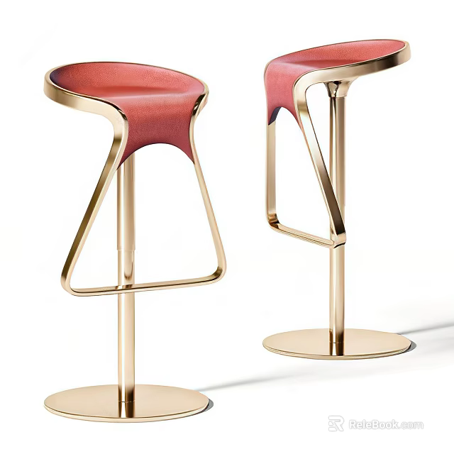 Modern Bar Stools With Red Leather Seat And Golden Metal Frame Design 3d model 