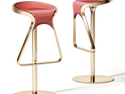 Modern Bar Stools With Red Leather Seat And Golden Metal Frame Design 3d model