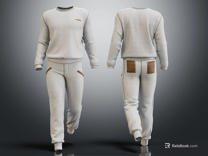 Gray Sweat Suit Front And Back Views With Pants Featuring Brown Pockets 3d model 