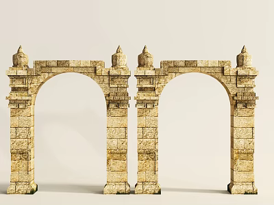 Ancient Double Stone Architectural Arches With Decorative Columns And Spire Tops 3d model