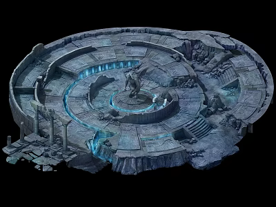 Ancient Circular Stone Ruin With Central Statue Blue Glowing Lines And Broken Steps 3d model