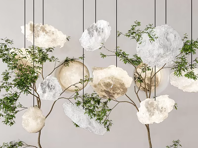 Natural Stone Shaped Pendant Lights Hanging With Green Plant Branches” 3d model