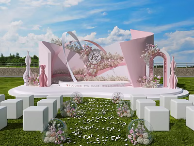 Outdoor Wedding Stage With Pink Decor Welcome Sign White Chairs And Flowers 3d model