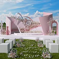 Outdoor Wedding Stage With Pink Decor Welcome Sign White Chairs And Flowers