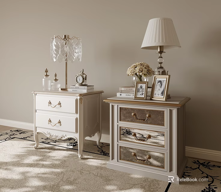 Elegant Bedside Tables With Gold Handle Drawers Table Lamps Photo Frames And Books 3d model 
