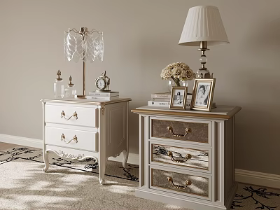 Elegant Bedside Tables With Gold Handle Drawers Table Lamps Photo Frames And Books 3d model