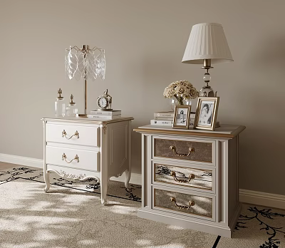Elegant Bedside Tables With Gold Handle Drawers Table Lamps Photo Frames And Books 3d model