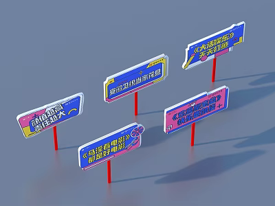 Multiple Colorful Signboards with Red Poles as Practical Household Items on Blue Background 3d model