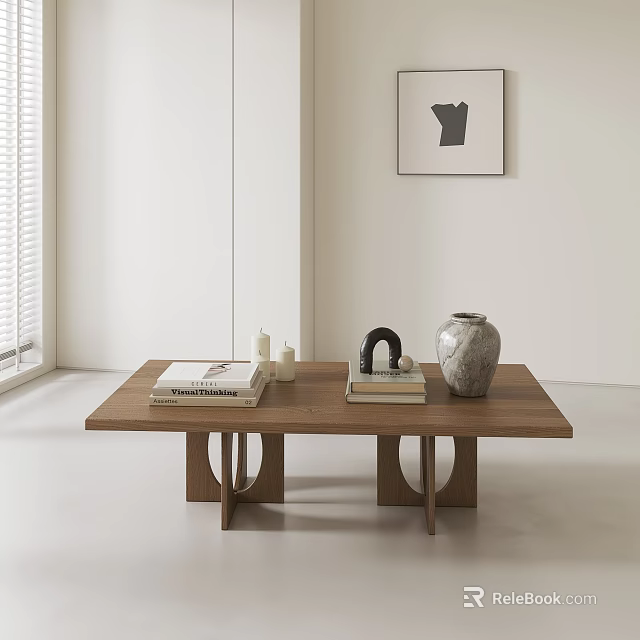 Modern Wooden Coffee Table With Books Candles And Vase In Minimalist Light Room 3d model 