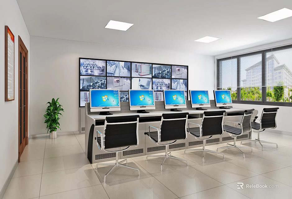 Monitoring Room Interior With Multiple Monitor Wall Computer Screens Desks And Windows Setup 3d model 