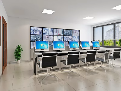 Monitoring Room Interior With Multiple Monitor Wall Computer Screens Desks And Windows Setup 3d model