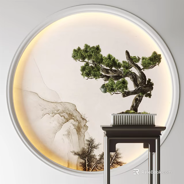 Pine Bonsai Plant on Decorative Stand with Circular Illuminated Backdrop and Mountain Pattern 3d model