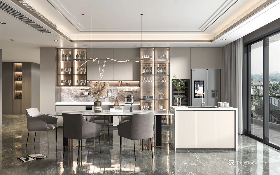 Modern Restaurant Interior Design With Open Kitchen Dining Table Hanging Chandeliers And Glass Cabinets 3d model 