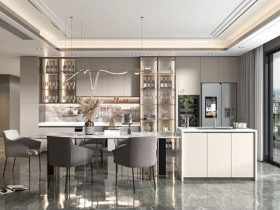 Modern Restaurant Interior Design With Open Kitchen Dining Table Hanging Chandeliers And Glass Cabinets 3d model
