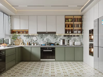 Modern Kitchen Interior With White And Green Cabinets Patterned Tile Flooring Tiled Backsplash And Appliances 3d model