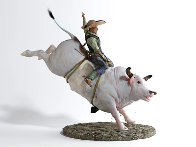Cowboy Character In Game Riding Bucking Bull Sculpture 3d model