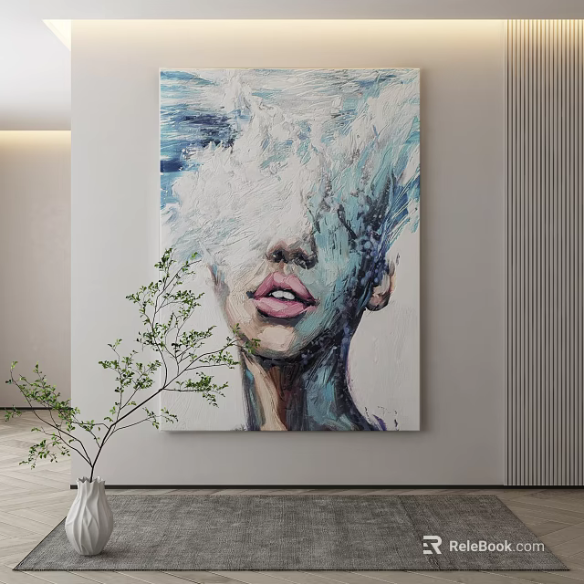 Modern Abstract Portrait Painting on Canvas with Blue White Brushstrokes and Exposed Lips 3d model 