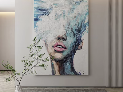 Modern Abstract Portrait Painting on Canvas with Blue White Brushstrokes and Exposed Lips 3d model